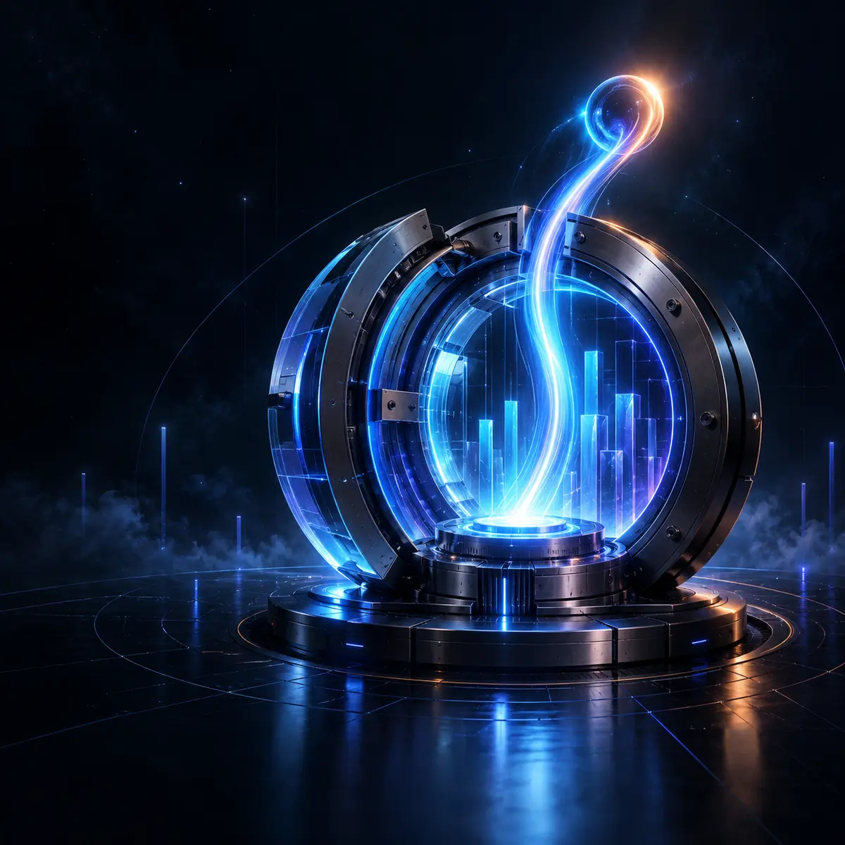 A luminous vault engine turning capital into launch energy